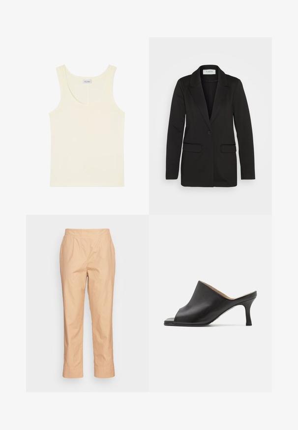 Zwarte blazer van zachte stof, met een enkele knoopsluiting, geknipte revers en twee voorzakken zonder versieringen.; Roomkleurige mouwloze tanktop met een ronde halslijn en een klein merklabel aan de binnenkant aan de achterkant.; OPUS MAILI - Broek - sweet almond; Selected ASHLEY - Muiltjes met hak - black