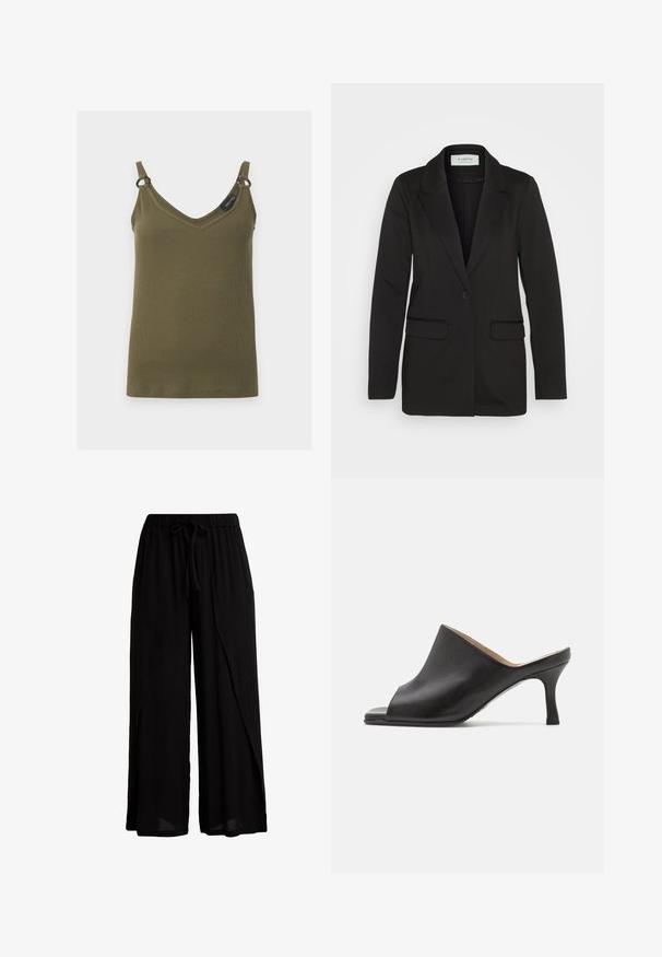 Blazer noir en tissu doux, avec une fermeture à bouton unique, des revers crantés et deux poches avant sans embellissements.; Débardeur côtelé vert kaki avec encolure en V, fines bretelles et petits anneaux métalliques reliant les bretelles au haut, présenté sur un fond uni.; Pantalon noir à jambe large en tissu léger, avec une taille élastique et un cordon de serrage, offrant une coupe décontractée et un design drapé.; Selected ASHLEY - Mules à talons - black