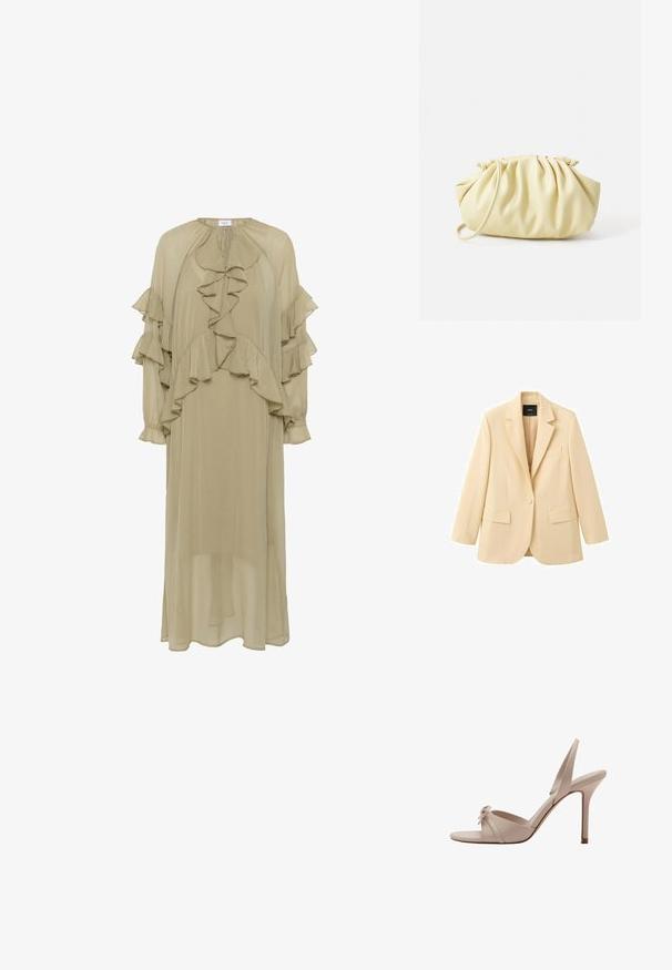 Blazer beige à un seul bouton avec revers crantés, deux poches à rabat avant et une poche poitrine, présenté sur un fond blanc.; Robe vert olive en tissu léger, avec des volants superposés aux manches et à l'avant, un col montant et une silhouette longue.; Sandale beige à talon haut à bout ouvert avec fines brides et petit nœud décoratif sur le devant, style slingback et talon aiguille.; Sac à main plissé jaune en simili cuir lisse, arborant une forme douce avec une bandoulière unique et un design froncé sur le dessus.