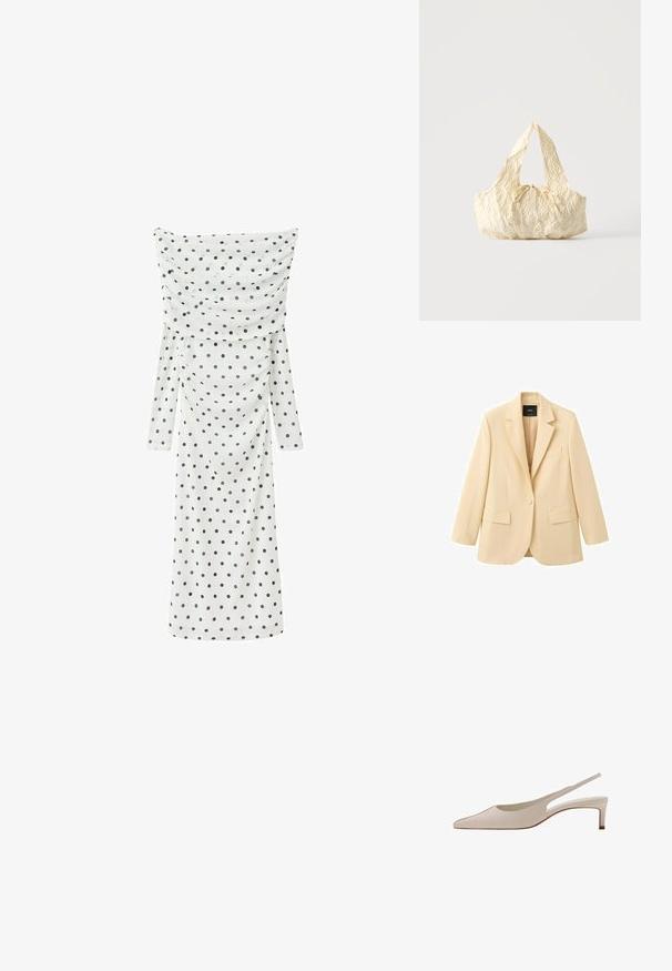 Blazer beige à un seul bouton avec revers crantés, deux poches à rabat avant et une poche poitrine, présenté sur un fond blanc.; Robe midi blanche à manches longues avec des pois noirs, présentant un large décolleté drapé épaules dénudées et une silhouette ajustée.; Chaussure slingback en cuir beige avec bout pointu et petit talon bloc, vue de côté sur fond blanc.; Sac à main en tissu texturé couleur crème avec des anses sur le dessus et un petit nœud noué au centre devant.