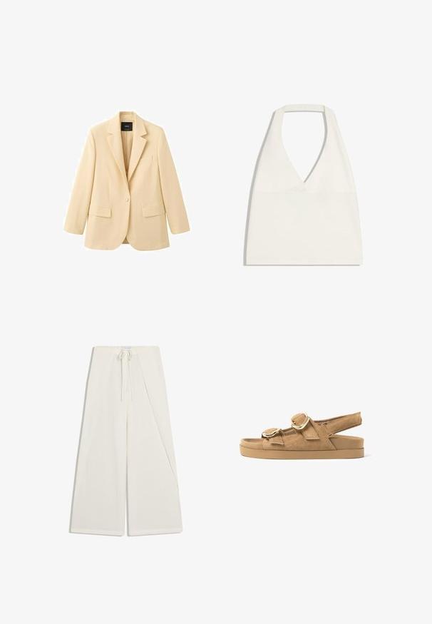 Blazer beige à un seul bouton avec revers crantés, deux poches à rabat avant et une poche poitrine, présenté sur un fond blanc.; Haut court blanc à col licou avec un décolleté en V profond et des bretelles larges, présenté à plat sur un fond blanc.; Pantalon blanc à jambes larges avec taille haute, cordon de serrage et détail de panneau avant superposé, posé à plat sur fond blanc.; Sandale plate en daim beige avec deux larges brides dotées de boucles dorées et une bride arrière réglable sur une semelle épaisse en caoutchouc.