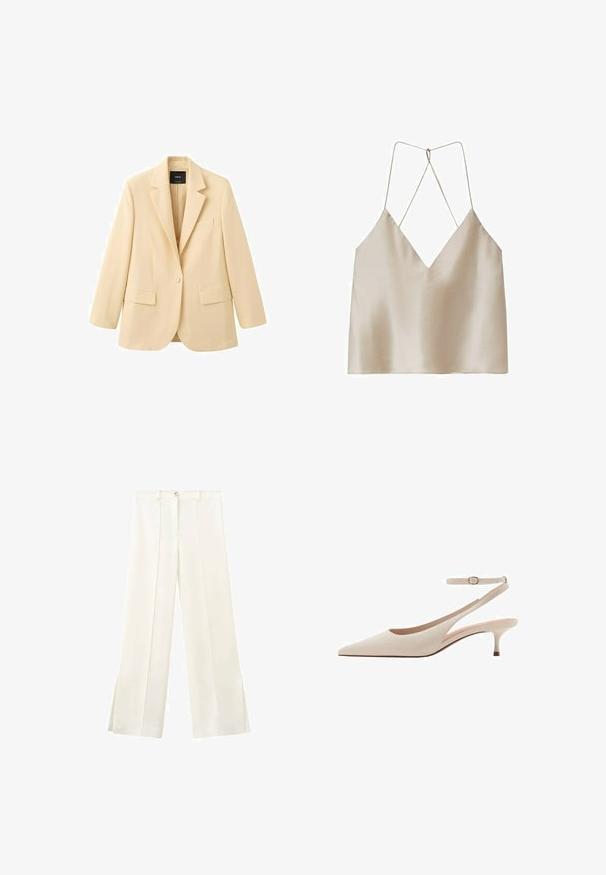 Beige blazer med enkelt knaplukning, hakket revers, to forlommer med klap og en brystlomme, vist på en hvid baggrund.; Beige satin camisole med dyb V-hals og tynde, krydsede spaghettistropper bagpå.; Hvide vidde bukser med høj talje, frontknap, bæltestropper og sidesømme, der går ned til små slids ved kanten.; Spids-tået beige slingback pump med en slank hæl og justerbar ankelrem. Glat tekstur med minimalistisk design og ingen synlige mønstre.
