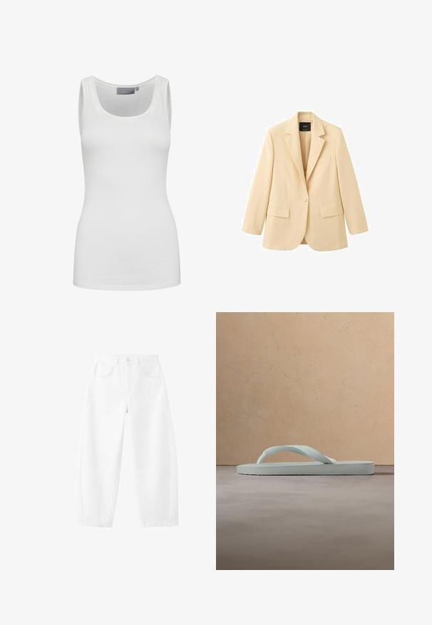 Blazer beige à un seul bouton avec revers crantés, deux poches à rabat avant et une poche poitrine, présenté sur un fond blanc.; Débardeur blanc en tissu doux et extensible avec un col rond et des bretelles étroites. Caractéristiques d'une texture lisse et d'une coupe ajustée.; Jean blanc taille haute, coupe droite, avec poches avant, passants pour ceinture, fermeture par bouton et détails de coutures visibles.; Tongue en caoutchouc beige clair unique avec semelle texturée et bride en forme de Y sur un fond gris uni.