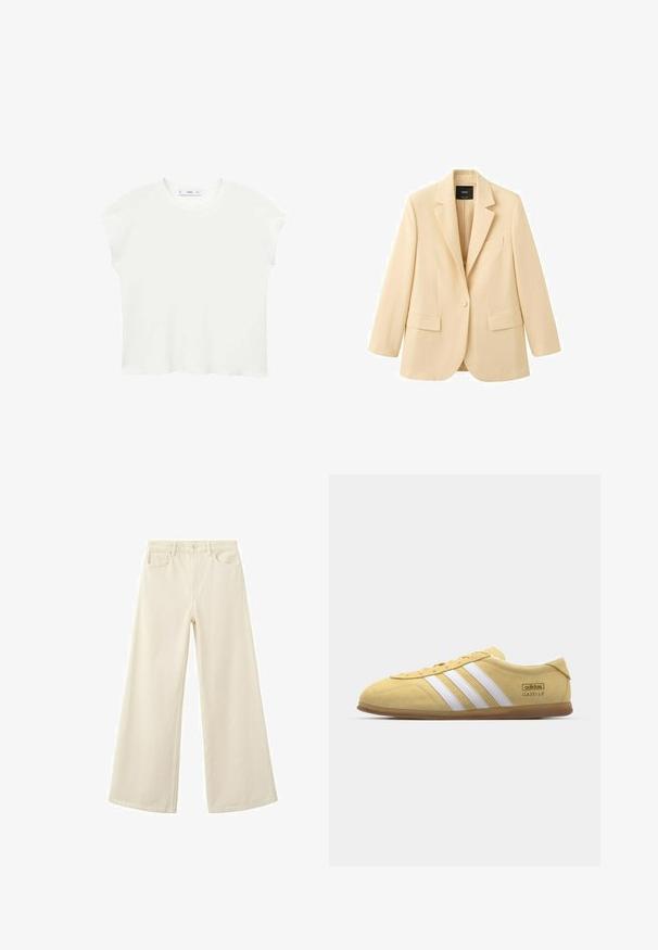 Beige blazer met één knoop, met ingesneden revers, twee klepzakken aan de voorkant en één borstzak, weergegeven op een witte achtergrond.; Witte t-shirt met korte mouwen, een ronde hals, een zachte textuur en een ontspannen pasvorm. De iets afgeronde zoom voegt een casual accent toe.; Beige jeans met wijde pijpen, voorzijde voorzien van knopen en rits, twee voorzakken en riemlussen, weergegeven tegen een witte achtergrond.; adidas Originals GAZELLE LO PRO W - Sneakers laag - almost yellow/footwear white