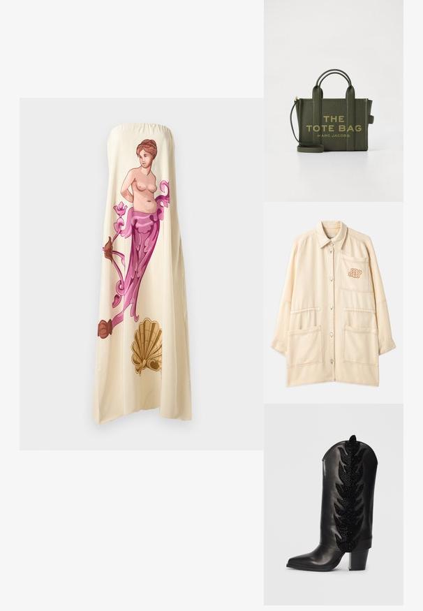 Beige Übergrößenjacke aus Baumwolle mit Knopfverschluss, zwei großen vorderen Taschen und einem gestickten Logo auf der Brusttasche.; Ärmelloses cremefarbenes Kleid mit einer großen, farbenfrohen Illustration einer klassischen Figur, die von floralen Akzenten in Pink und Braun umrahmt wird, und einem fließenden Design.; Schwarze Leder-Cowboystiefel mit spitzer Zehe, verziert mit einem Blattmuster aus schwarzen Strasssteinen am Schaft. Robuster Blockabsatz.; Dunkelgrüne, texturierte Leder-Shopper-Tasche mit zwei Griffen, einem abnehmbaren Schultergurt und goldener "THE TOTE BAG MARC JACOBS" Schriftzug auf der Vorderseite.