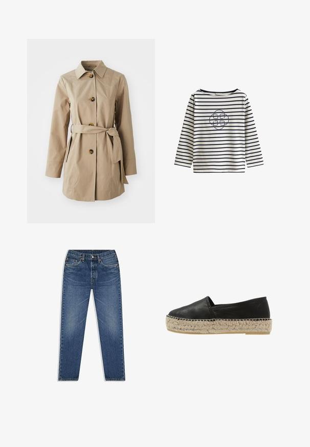 Trench-coat beige avec un col, des manches longues, trois grands boutons, des poches latérales et une ceinture en tissu à la taille.; Chemise blanche à manches longues avec des rayures horizontales bleu marine et un logo central brodé en forme de corde bleu marine sur la poitrine.; Jean en denim bleu avec une coupe droite, présentant un système de fermeture à bouton et à glissière, cinq poches et un léger effet délavé.; Espadrij l´originale CLASSIC HIGH - Espadrilles - noir