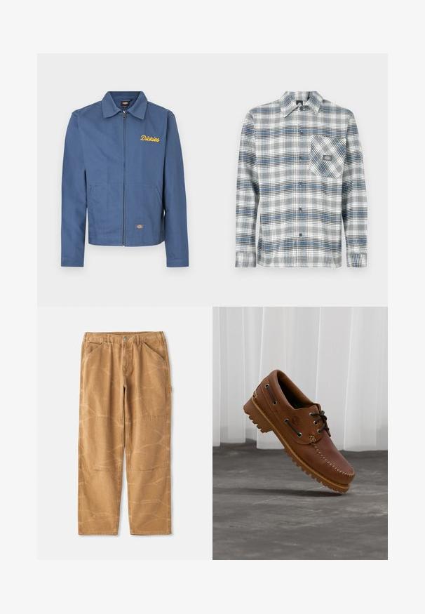 Veste zippée bleue en tissu durable, avec un col pointu, des poches latérales et une broderie jaune "Dickies" sur la poitrine.; Chemise à manches longues à carreaux gris, bleu et blanc. Dispose d'un col boutonné et d'une poche poitrine gauche avec un patch logo.; Pantalons en coton beige avec une coupe ample, présentant des coutures visibles, des détails en patch et une texture légèrement froissée.; Chaussure de bateau en cuir marron avec des lacets noirs, des coutures beiges et une semelle robuste, suspendue au-dessus d'un sol en béton gris.