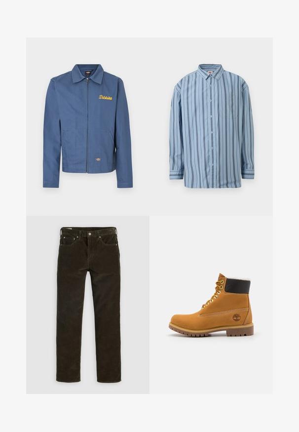 Blauwe jas met rits van duurzaam materiaal, voorzien van een puntkraag, zijkantenzakken en gele "Dickies" borduring op de borst.; Lichtblauw overhemd met lange mouwen, knopen, zwarte verticale strepen en een borstzak aan de voorkant.; Bruine corduroy broek met een recht gesneden pasvorm, vijf zakken, zichtbare stiksels en een gestructureerde stofafwerking. Metalen knoopsluiting aan de taille.; Bruine leren enkellaars met metalen oogjes, witte faux bont voering, zwarte gewatteerde kraag, robuuste zool en een reliëflogo aan de zijkant.