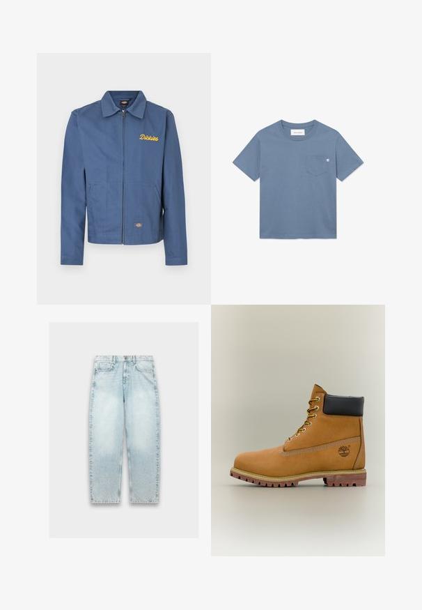 Blauwe jas met rits van duurzaam materiaal, voorzien van een puntkraag, zijkantenzakken en gele "Dickies" borduring op de borst.; Blauwe katoenen T-shirt met korte mouwen, ronde halslijn en een borstzak met een klein label. Gladde textuur, standaard pasvorm.; Lichtblauwe denim jeans met een losse pasvorm, rechte pijpen, vervaagd textuur, vijf-pocket ontwerp en metalen knoopsluiting bij de taille.; Bruine leren enkellaars met zwarte kraag, gele veters en een zandkleurige zool. Voorzien van een logo en witte stikseldetails. Robuuste loopzool met grip.