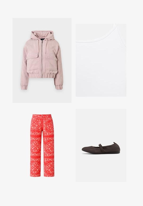Veste courte en velours côtelé rose avec capuche, fermeture éclair à l'avant, deux poches poitrine, poignets et ourlet côtelés. Surface texturée avec des rayures verticales.; Débardeur blanc uni avec encolure arrondie et coutures visibles le long des bords.; Pantalon rouge taille haute à jambes droites avec un motif blanc complexe de fleurs et de cachemire style bandana.; Ballerine marron avec bride élastique et bout arrondi, présentée sur fond blanc, vue de côté.