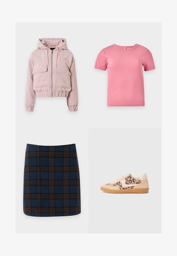 Chaqueta corta de pana rosa con capucha, cremallera frontal, dos bolsillos en el pecho y puños y dobladillo acanalados. Superficie texturizada con rayas verticales.; Camiseta de manga corta de color rosa, con relieve y hecha de un tejido suave, que presenta un escote redondo y un diseño ligeramente ajustado.; Falda mini a cuadros azul marino con líneas marrones y grises, fabricada en una tela suave, con una sutil abertura en la parte trasera para mayor comodidad al moverse.; Zapatillas de leopardo con parte superior de ante beige, suela de goma marrón y acentos blancos. Punta redonda y diseño con cordones con un acabado texturado.