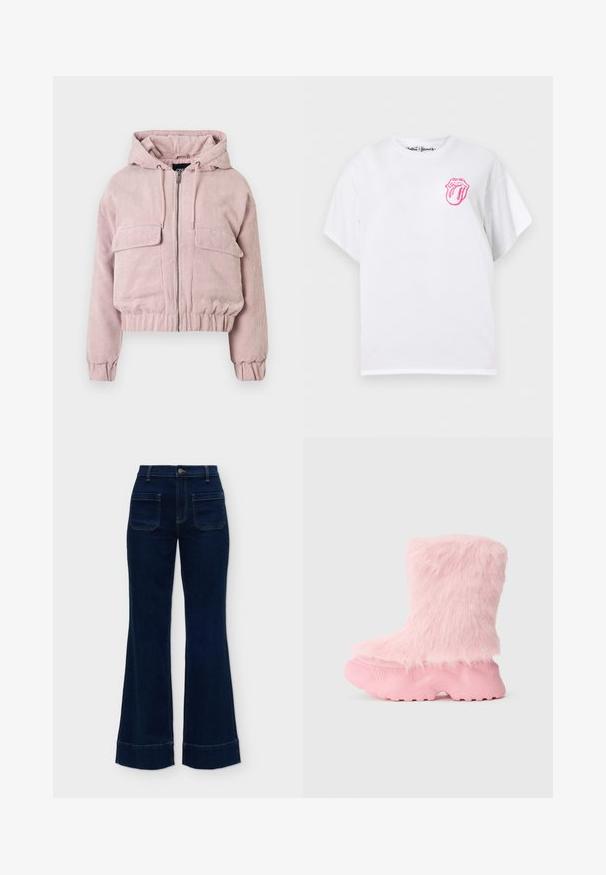 Kort pink fløjlsjakke med hætte, lynlås foran, to brystlommer og ribstrikkede manchetter og kant. Tekstureret overflade med lodrette striber.; Hvid T-shirt med korte ærmer og lille pink Rolling Stones tunge- og læbelogo på øverste venstre bryst.; Mørkeblå cowboybukser med høj talje, vide ben, forlommer, bæltestropper og opbukket kant.; Kraftig pink støvle med tekstureret sål og blød, fluffy faux fur der dækker hele det øverste af støvlen.