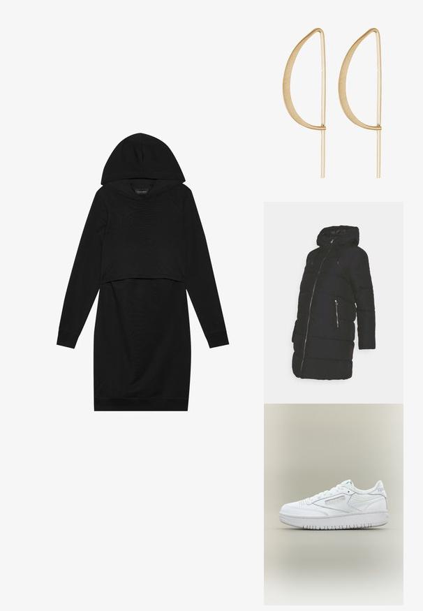 Sort pufferjakke med hætte, der har en frontlynlås og to lynlåslommer. Stoffet har en glat tekstur og quiltet design.; Sort pullover kjole med hætte, lange ærmer og cropped design. Fremstillet af blødt stof med en glat tekstur og ribbede manchetter.; Hvid Reebok lav-tær sneakers med snørelukning, perforeret tå, mærket sidepanel og tyk sål på neutral baggrund.; Guld metal øreringe med en buet, forlænget bladform. Overfladen er glat og mat, med tynde vandrette accenter.