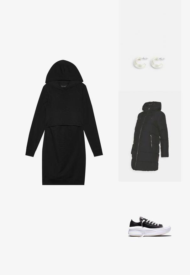 Sort pufferjakke med hætte, der har en frontlynlås og to lynlåslommer. Stoffet har en glat tekstur og quiltet design.; Sort pullover kjole med hætte, lange ærmer og cropped design. Fremstillet af blødt stof med en glat tekstur og ribbede manchetter.; Sort lavt liggende lærreds-sneaker med hvide snørebånd og tyk, flerlags hvid gummisål mod en hvid baggrund.; Sølvfarvede øreringe i et snoet hoopsdesign, med en struktureret overflade og ribbet detaljer, sikret med en postlås.