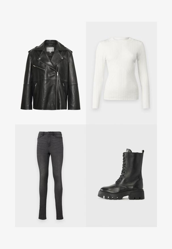 Musta nahkatakki, jossa leveä läppäneula, epäsymmetrinen edessä oleva vetoketju ja useita vetoketjullisia taskuja. Sileä pinta ja istuva muotoilu.; JDY JDYKATE - Neule - cloud dancer; Kapee jeans valmistettu tummanharmaasta denimestä, joissa on korkea vyötärö, vöidenlenkit ja yksi nappisulku. Ei näkyvää kulutusta tai kuvioita.; Mustat nahkaiset nauhakiilakengät paksulla pohjalla, kevyesti teksturoitu pinta ja vetoketju takana. Sisältää huomattavat reiät ja ompeleet.