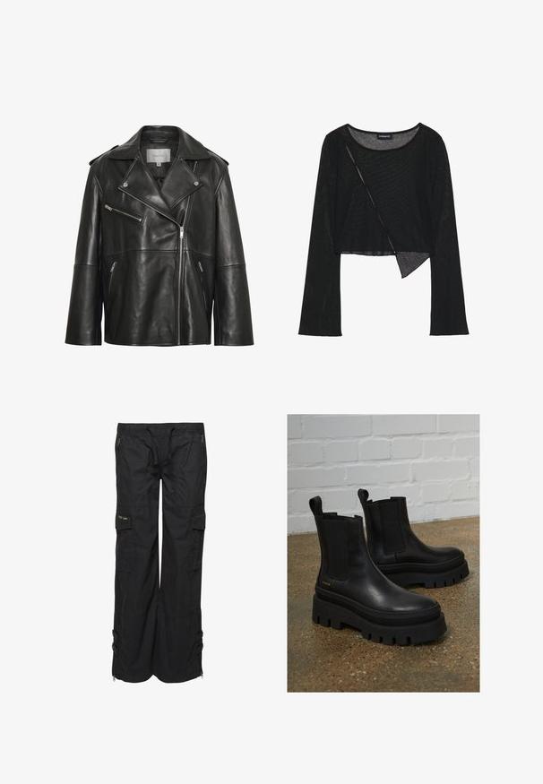 Zwarte leren jas met een brede reverskraag met inkeping, asymmetrische ritssluiting aan de voorkant en meerdere met rits afsluitbare zakken. Soepele textuur en strak ontwerp.; Zwarte langemouwen crop top van een lichtgewicht, doorzichtig materiaal. Heeft een ronde halslijn en een asymmetrische zoom met een subtiele textuur.; Zwarte cargobroek van lichtgewicht stof. Voorzien van elastische tailleband, meerdere zakken en ritsen aan de onderkant. Textuurafwerking.; Zwarte leren enkellaarzen met elastische zijkanten, dikke zwarte plateauzolen en stiksels, met een instaplus voor eenvoudig aan- en uittrekken.