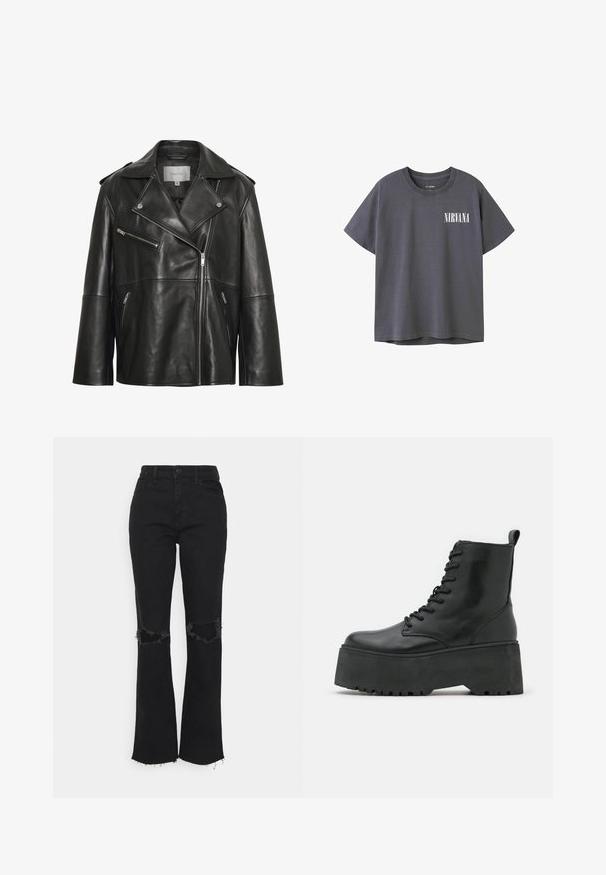 Veste en cuir noire avec un large col cranté, une fermeture éclair frontale asymétrique et plusieurs poches zippées. Texture lisse et coupe ajustée.; T-shirt en coton gris foncé à manches courtes et col rond, avec un graphique blanc "NIRVANA" sur la zone gauche de la poitrine.; Hollister Co. Jeans Skinny - black; Bottes noires jusqu'à la cheville avec une semelle épaisse en plateau, en cuir lisse, dotées d'un design à lacets et d'une languette à l'arrière.