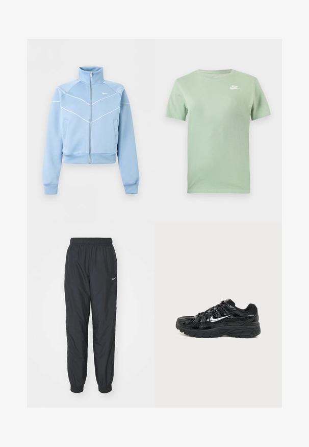 Hellblaue Nike-Reißverschlussjacke mit hohem Kragen, weißen Paspelierungen und Logo auf der linken Brust, langen Ärmeln und Fronttaschen.; Hellgrünes Nike T-Shirt mit kurzen Ärmeln, Rundhalsausschnitt und weißem Nike-Logo auf der oberen linken Brust.; Schwarze Nike Jogginghosen aus leichtem Material, mit elastischem Bund und Bündchen, versehen mit einem kleinen weißen Logo am linken Bein.; Schwarzer Nike P-6000 Sneaker mit silbernem Swoosh, Mesh- und glänzenden Overlays sowie strukturierter schwarzer Sohle, von der Außenseite auf einfarbigem Hintergrund gezeigt.