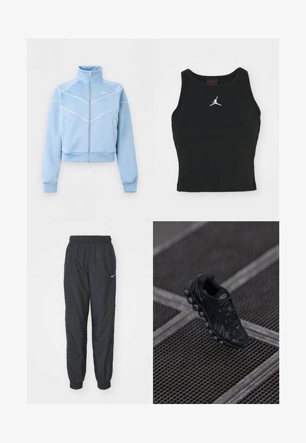 Hellblaue Nike-Reißverschlussjacke mit hohem Kragen, weißen Paspelierungen und Logo auf der linken Brust, langen Ärmeln und Fronttaschen.; Schwarzes, figurbetontes Tanktop aus Baumwolle, mit rundem Halsausschnitt und einem weißen Jordan-Logo, das in der Mitte auf der Vorderseite gestickt ist. Glatte Textur.; Schwarze Nike Jogginghosen aus leichtem Material, mit elastischem Bund und Bündchen, versehen mit einem kleinen weißen Logo am linken Bein.; Schwarzer Sportschuh mit strukturiertem Obermaterial, runder Sohle und sichtbarer Luftpolsterung. Verfügt über ein Schnürdesign und ein Markenlogo-Detail.