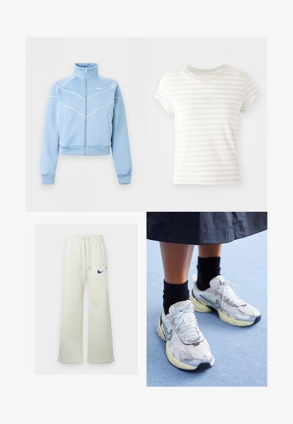Lyseblå Nike lynlåstrøje med høj krave, hvide kantdetaljer og logo på venstre bryst, lange ærmer og forlommer.; Hvidstribet kortærmet t-shirt lavet af blød bomuld. Har en rund halsudskæring og et lille broderet Nike-logo på brystet.; Cremefarvede sweatpants lavet af en bomuldsblanding, der har en afslappet pasform, elastisk talje med snor og et navy Nike-logo på forsiden.; Hvide og sølv Nike sneakers med mesh-stof, reflekterende detaljer og en beige sål. Bæres med sorte sokker og står på en blå overflade.