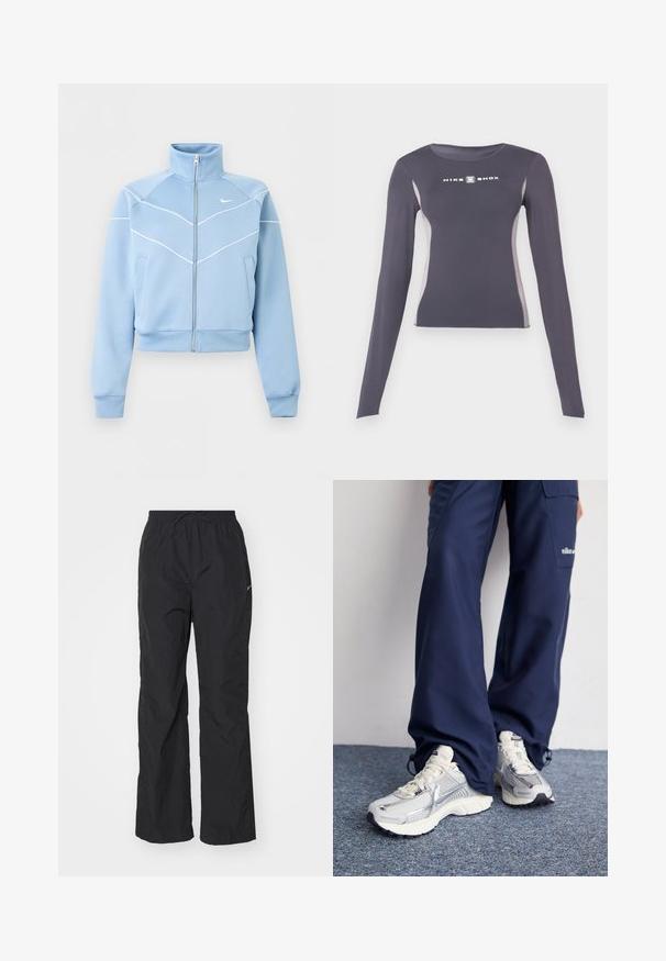 Chaqueta Nike azul claro con cremallera, cuello alto, detalles en ribete blanco y logo en el pecho izquierdo, mangas largas y bolsillos delanteros.; Camiseta deportiva ajustada de manga larga color gris oscuro con paneles laterales gris claro y logo "Nike Shox" en blanco en el pecho.; Pantalones negros ligeros con cintura elástica y cordón. Presentan un acabado texturizado y un pequeño logo reflectante en el costado.; Zapatillas deportivas Nike con parte superior de malla plateada, acentos blancos y suelas texturizadas, combinadas con pantalones azul marino de corte holgado.