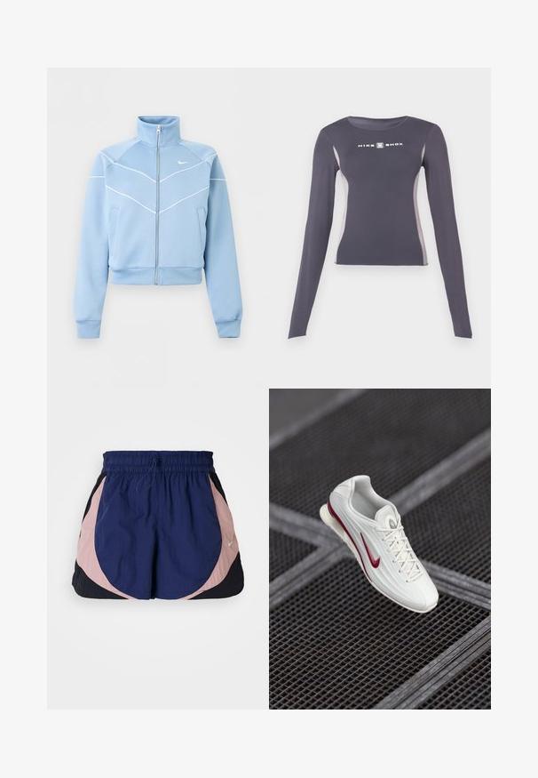 Lichtblauw Nike-jas met ritssluiting, hoge kraag, witte biesdetails en logo op de linkerborst, lange mouwen en voorkantzakken.; Donkergrijs langmouw sporttop dat aansluitend is, met lichtgrijze zijpanelen en een witte "Nike Shox" logo op de borst.; Nike sportshorts met een elastische tailleband, voorzien van marineblauwe, roze en zwarte panelen. Gemaakt van lichtgewicht, textuurstof.; Witte sportieve schoen met een textuur, voorzien van een rode accent swoosh, vetersluiting en een gewatteerde zool, boven een rasterachtergrond zwevend.