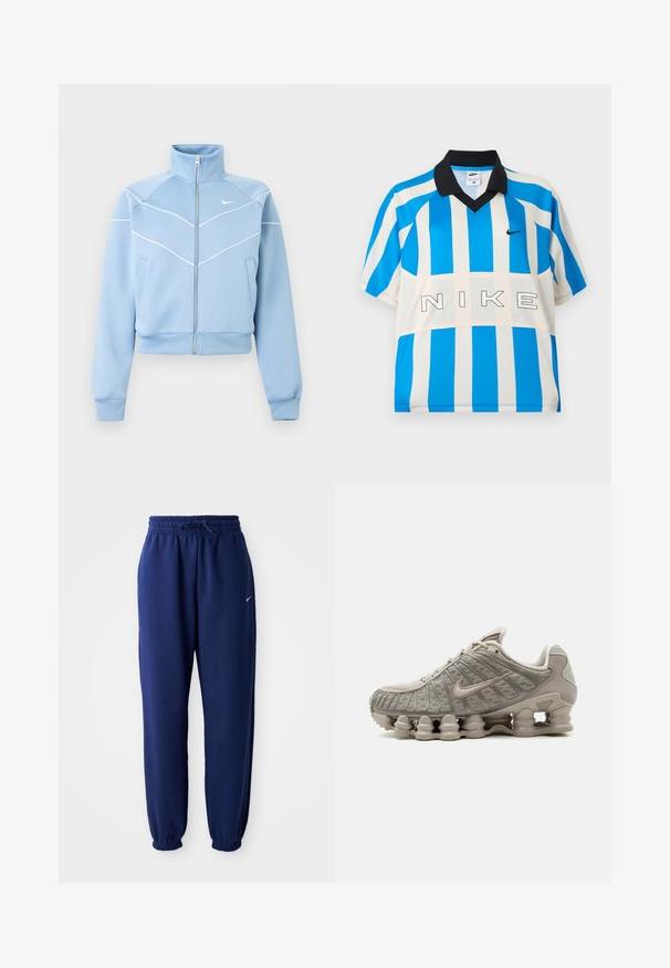 Lichtblauw Nike-jas met ritssluiting, hoge kraag, witte biesdetails en logo op de linkerborst, lange mouwen en voorkantzakken.; Nike sportshirt met korte mouwen, verticale blauw-witte strepen, zwarte kraag en "NIKE" opdruk op de borst.; Marineblauwe joggingbroek van zachte stof, met een elastische tailleband met trekkoord, elastische boorden en een klein wit logo.; Lichtbeige Nike Shox sneaker met zichtbare zuilachtige dempende zool en mesh details op het bovenwerk.