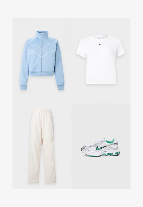 Lyseblå Nike lynlåstrøje med høj krave, hvide kantdetaljer og logo på venstre bryst, lange ærmer og forlommer.; Hvid Nike cropped T-shirt med korte ærmer og en lille sort Nike swoosh-logo centreret under nakkekanten.; Løse, cremefarvede bukser med elastisk talje og lige ben, vist mod en ensfarvet hvid baggrund.; Nike løbesko i hvid, sølv og grøn. Har mesh- og syntetiske materialer, polstret krave og en polstret sål med synlige luftenheder.