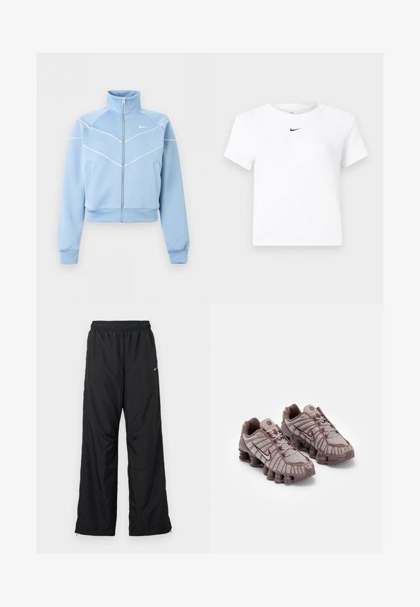 Veste zippée Nike bleu clair avec col montant, détails en liseré blanc et logo sur la poitrine gauche, manches longues et poches avant.; T-shirt court blanc à manches courtes de Nike avec un petit logo noir Nike swoosh centré sous l'encolure.; Pantalon de sport noir avec une ceinture élastique, des poches latérales et une coupe ample. Confectionné dans un tissu léger et lisse avec un léger éclat.; Nike Sportswear SHOX TL - Baskets basses - pumice/night maroon/plum eclipse