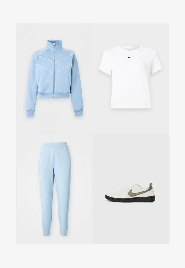 Veste zippée Nike bleu clair avec col montant, détails en liseré blanc et logo sur la poitrine gauche, manches longues et poches avant.; T-shirt court blanc à manches courtes de Nike avec un petit logo noir Nike swoosh centré sous l'encolure.; Pantalons de jogging bleu clair en matériau doux, avec une texture lisse, des jambes effilées et un accent de logo subtil sur le côté.; Nike Sportswear FIELD GENERAL - Baskets basses - off-white/black