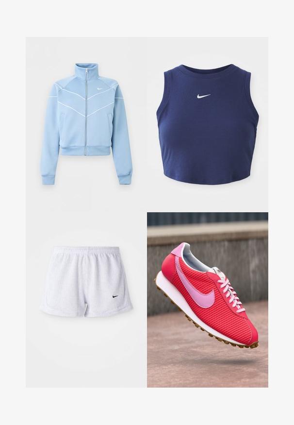 Lyseblå Nike lynlåstrøje med høj krave, hvide kantdetaljer og logo på venstre bryst, lange ærmer og forlommer.; Marineblå ribbet crop top med rund halsudskæring og uden ærmer, med et lille hvidt Nike-logo på brystet.; Hvide ribbede sports-shorts med elastisk talje og lille sort Nike-logo på nederste venstre side. Enkel, minimalistisk design.; Lys pink og rød strikket sneakers med lyserød logo og snørebånd, hvid sål og brun bund flyvende over en betonoverflade.