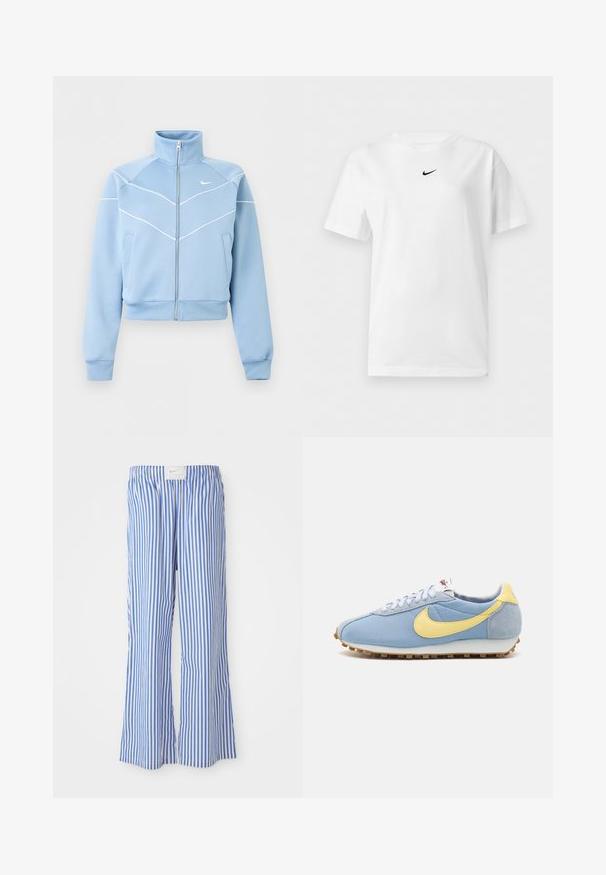 Lyseblå Nike lynlåstrøje med høj krave, hvide kantdetaljer og logo på venstre bryst, lange ærmer og forlommer.; Hvid t-shirt med korte ærmer og rund halsudskæring med et lille sort Nike Swoosh-logo centreret nær kraven.; Blå og hvide stribede bukser med en afslappet pasform, lavet af letvægtsstof, med en elastisk talje og et diskret logo-tag.; Blå mesh- og ruskinds-sneakers med gul Nike swoosh, hvide snørebånd og lysebrun sål; klassisk atletisk design.