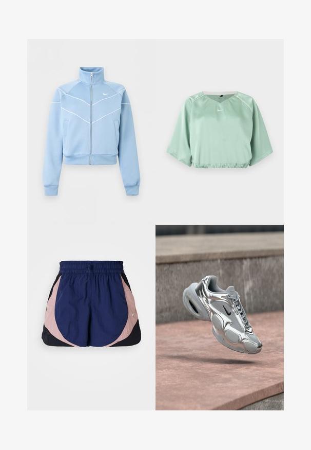 Hellblaue Nike-Reißverschlussjacke mit hohem Kragen, weißen Paspelierungen und Logo auf der linken Brust, langen Ärmeln und Fronttaschen.; Mintgrünes, kurz geschnittenes Sporttop mit kurzen, weiten Ärmeln, elastischem Bund, weißer Paspelierung an den Schultern und kleinem weißem Nike-Logo vorne in der Mitte.; Nike Sportshorts mit einem elastischen Bund, ausgestattet mit Navy-, Pink- und schwarzen Einsätzen. Hergestellt aus leichtem, strukturiertem Stoff.; Silberner und grauer Nike Air Sneaker mit schwarzem Swoosh, der über einer rosafarbenen Betonfläche und einem steinernen Absatz im Hintergrund schwebt.