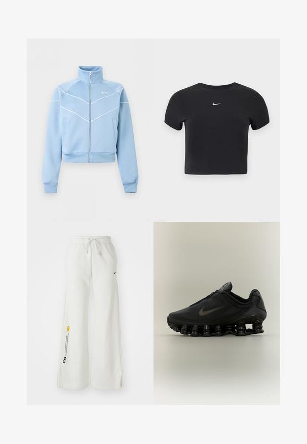 Lichtblauw Nike-jas met ritssluiting, hoge kraag, witte biesdetails en logo op de linkerborst, lange mouwen en voorkantzakken.; Zwart cropped t-shirt van katoen, met een ronde hals en korte mouwen. Opvallend wit Nike-logo op de borst.; Witte, wijde sweatpants met een elastische tailleband, trekkoord, zijslitsen, zwart Nike-logo en contrasterende gele grafische tekst.; Zwarte Nike-sneaker met een bovendeel met ritssluiting en een kenmerkende veerachtige, gesegmenteerde zool, weergegeven in zijaanzicht op een neutrale achtergrond.