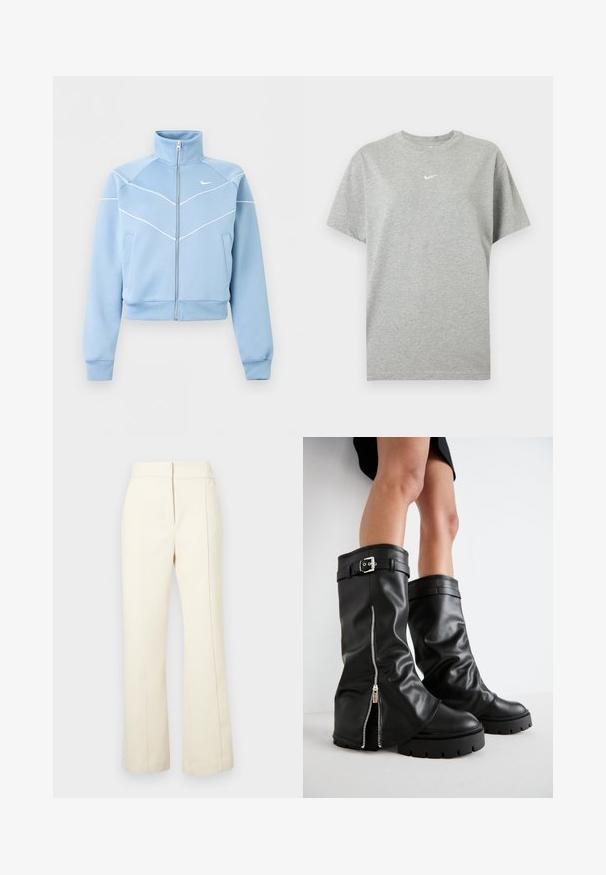 Lichtblauw Nike-jas met ritssluiting, hoge kraag, witte biesdetails en logo op de linkerborst, lange mouwen en voorkantzakken.; Grijs katoenen T-shirt met korte mouwen, ronde hals en klein wit Nike swoosh-logo in het midden van de borst.; Crème-kleurige broeken met een wijde pijpontwerp, elastische tailleband en subtiele zijnaad. Heeft een klein logo in het voorste, lagere gebied.; Zwarte leren kniehoge laarzen met een brede schacht, voorzien van een zijrits en een gespaccent, met een gestructureerde afwerking en een chunky rubberen zool.