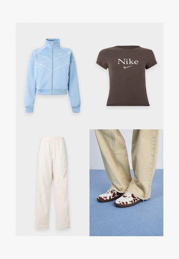 Lyseblå Nike lynlåstrøje med høj krave, hvide kantdetaljer og logo på venstre bryst, lange ærmer og forlommer.; Brun kortærmet crop top med "Nike" tekst og leopardprintet Nike swoosh logo centreret på brystet.; Løse, cremefarvede bukser med elastisk talje og lige ben, vist mod en ensfarvet hvid baggrund.; Hvide og brune mønstrede sneakers i mesh og læder med brune gummisåler. Matchet med lyse beige bukser med vide ben.