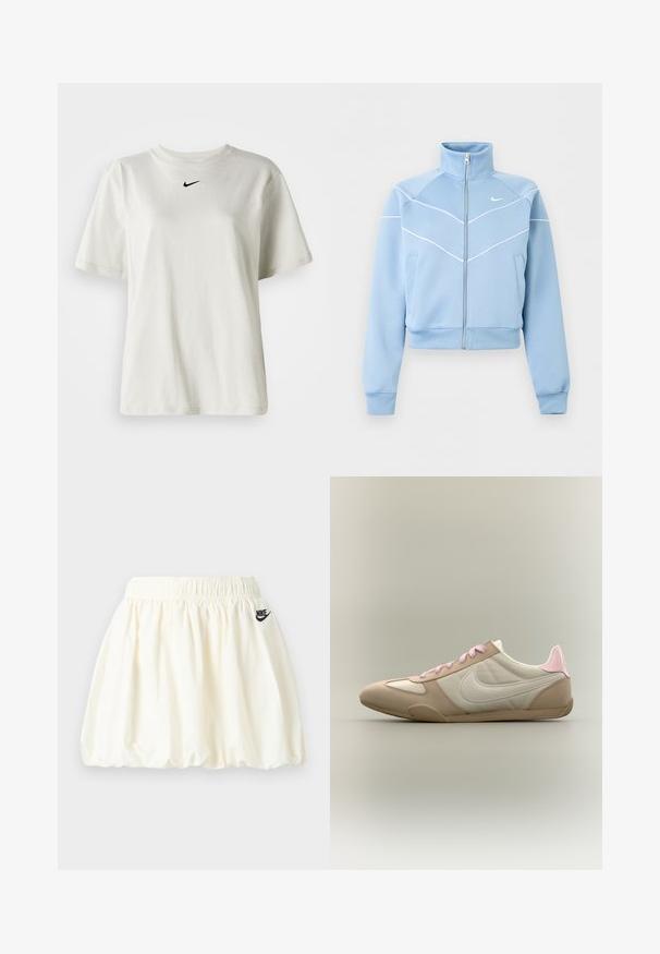 Lichtblauw Nike-jas met ritssluiting, hoge kraag, witte biesdetails en logo op de linkerborst, lange mouwen en voorkantzakken.; Witte katoenen t-shirt met een ronde halslijn en korte mouwen. Heeft een klein zwart Nike-logo op de borst. Eenvoudig en onopgesmukt ontwerp.; Witte Nike-rok met elastische tailleband en subtiele geplooide zoom, met een klein zwart Nike-logo aan de rechterkant.; Low-profile beige-witte sneaker met roze veters en hielaccent, met Nike swoosh aan de zijkant tegen een effen achtergrond.