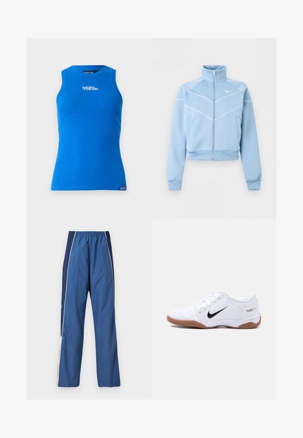 Vaaleansininen Nike vetoketjullinen takki, jossa korkea kaulus, valkoiset pipingsomisteet ja logo vasemmassa rinnassa, pitkät hihat ja etutaskut.; Sininen hihaton toppi, joka on valmistettu ribbitetusta kankaasta. Ominaisuuksiin kuuluu pyöreä pääntie ja vaakasuora logo "RACING RED BULL" edessä.; Siniset urheiluhousut, joissa kevyt ja sileä materiaali. Venyvä vyötärönauha, kontrastivärinen tummansininen sivupaneeli sekä valkoiset korosteraidat.; Valkoinen Nike Total 90 III -sisäjalkapallokenkä, jossa musta Swoosh-logo ja pähkinänruskea pohja, kuvattu sivulta yksivärisellä taustalla.