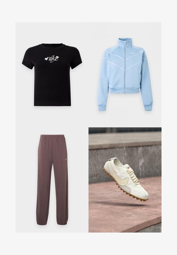 Vaaleansininen Nike vetoketjullinen takki, jossa korkea kaulus, valkoiset pipingsomisteet ja logo vasemmassa rinnassa, pitkät hihat ja etutaskut.; Mustat puuvillaiset t-paidat, joissa on pyöreä kaula-aukko, lyhyet hihat ja valkoinen "nike"-logo, jota koristelevat kukkakoristeet keskellä.; Ruskeat joustavat verkkohousut, joissa on sivusaumat, joustavat hihnat ja pieni valkoinen Nike-logo vasemmassa yläreidessä.; Valkoinen ja beige urheilukenkä nauhoilla ja kumipohjalla leijumassa kivipinnan yllä, taustalla sumea betonipinta.