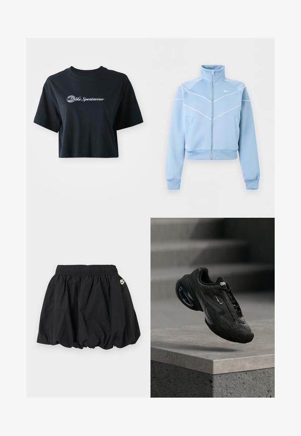 Lichtblauw Nike-jas met ritssluiting, hoge kraag, witte biesdetails en logo op de linkerborst, lange mouwen en voorkantzakken.; Korte zwarte katoenen t-shirt met korte mouwen, voorzien van witte tekst "Vice Sportswear" en een ronde afbeelding aan de voorkant.; Zwarte Nike korte rok met elastische tailleband en geplooide zoom, voorzien van een klein wit Nike-logo aan de rechterkant.; Zwarte sportschoen met een bovenwerk van gestructureerd leer, een opvallend logo en een dempende zool. Heeft abstracte patronen en gladde, afgeronde accenten.