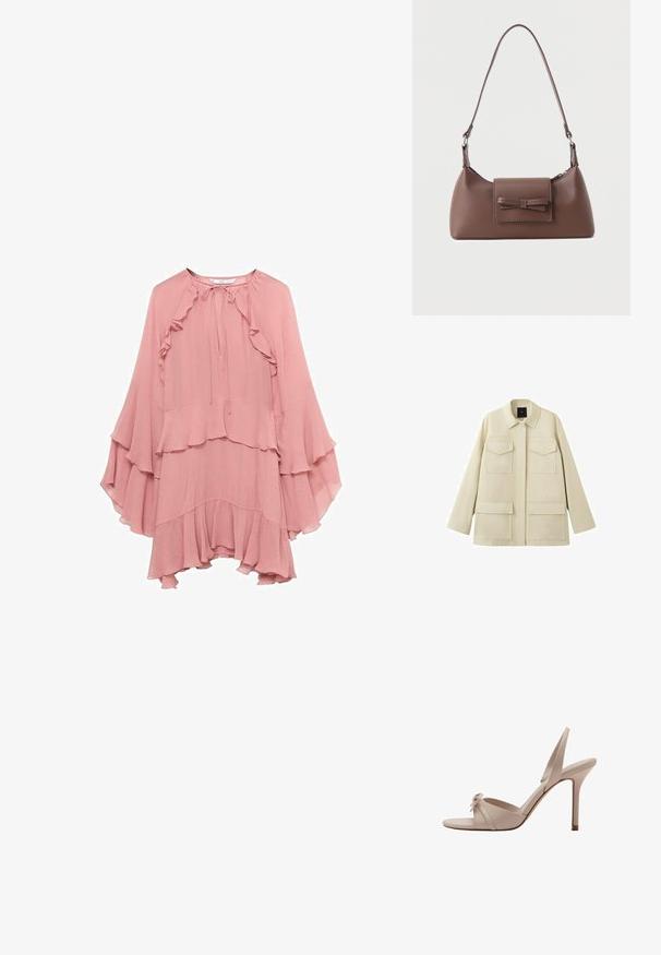 Beige jakke med lange ærmer, fire klaplommer foran og klassisk krave, vist på hvid baggrund.; Lyserød chiffon kjole med en afslappet pasform, prydet med flæser ved halsudskæringen, ærmerne og kanten, samt en bindelukning ved halsen.; Beige åben tå sandal med høje hæle, tynde remme og lille dekorativ sløjfe foran, slingback-stil og stilet hæl.; Brun skuldertaske i læder med en frontlomme med klap, der har en sydd sløjfedetalje, og en justerbar rem.