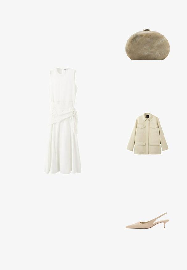 Veste beige à manches longues avec quatre poches à rabat sur le devant et un col classique, présentée sur un fond blanc.; Robe midi blanche sans manches avec col rond et détail asymétrique brodé en forme de cache-cœur noué sur le côté.; Escarpins slingback en cuir beige à bout pointu, talon kitten bas et finition lisse.; Petit sac pochette rigide beige marbré avec une forme arrondie et une fermeture à clip dorée sur le dessus.
