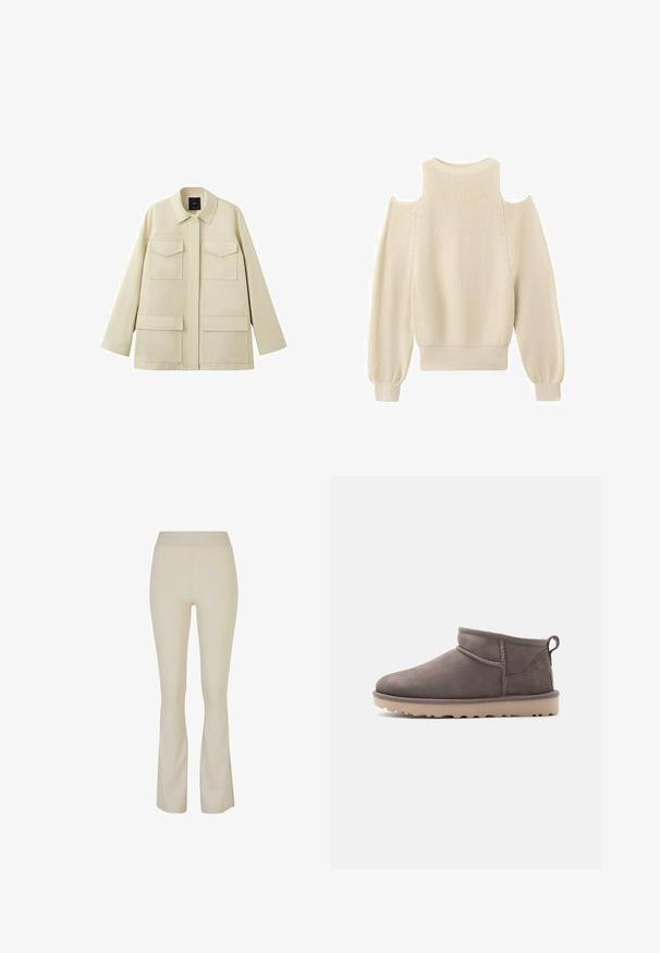 Beige Jacke mit langen Ärmeln, vier aufgesetzten Taschen auf der Vorderseite und klassischem Kragen, dargestellt vor weißem Hintergrund.; Cremefarbener Strickpullover mit ausgeschnittenen Schultern, langen Ballonärmeln, gerippten Bündchen und einem gerippten Saum.; Beige Schlaghosen aus dehnbarem Stoff, mit hohem Bund und dezenten Seitenschlitzen am Saum für zusätzliche Details.; Niedriger brauner Slip-On-Schuh aus Wildleder mit strukturierter Sohle und Zuglasche vor schlichtem Hintergrund.