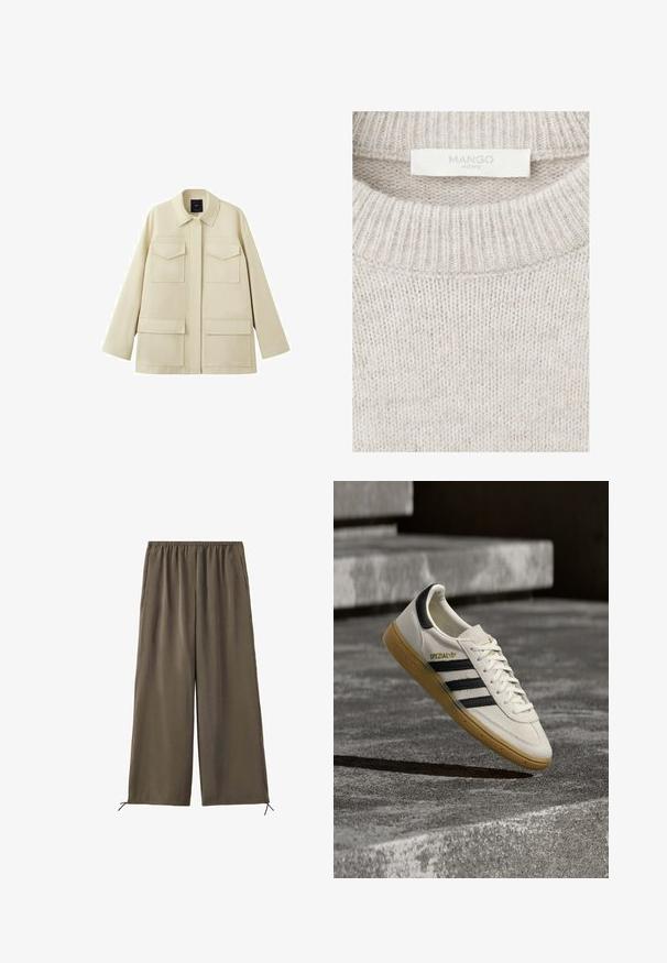 Veste beige à manches longues avec quatre poches à rabat sur le devant et un col classique, présentée sur un fond blanc.; Pull beige en maille avec col rond côtelé et étiquette en tissu blanche indiquant "MANGO HOME", cousue à l'intérieur du col.; Pantalon vert olive ample avec taille élastique et cordons au bas, présenté à plat sur fond blanc.; Baskets Adidas Spezial blanches avec des rayures noires et une semelle en gomme flottant au-dessus de marches en pierre grises à l'extérieur.