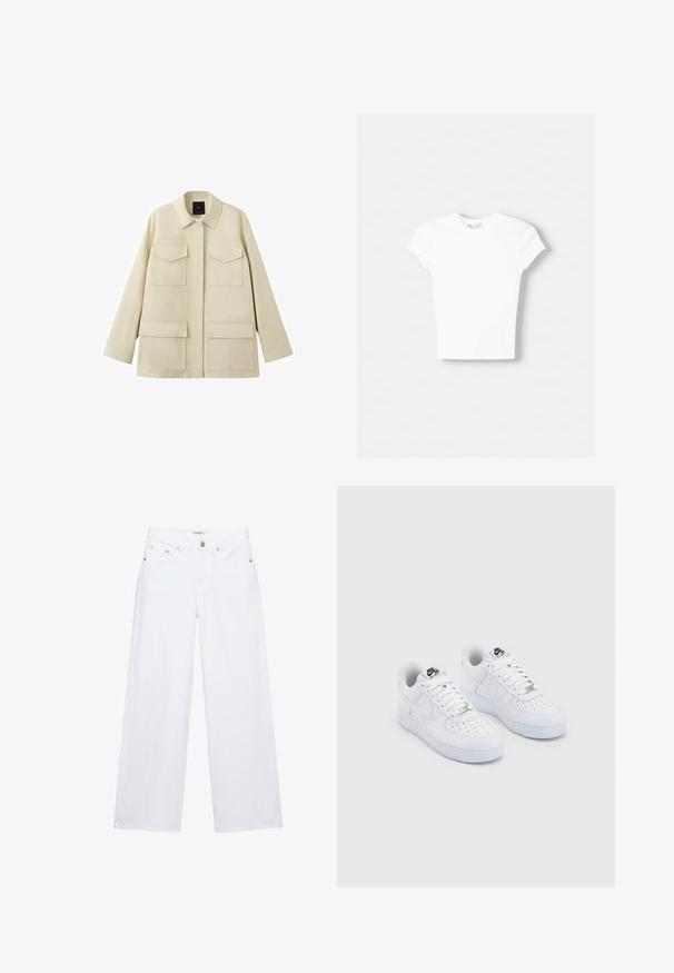 Veste beige à manches longues avec quatre poches à rabat sur le devant et un col classique, présentée sur un fond blanc.; T-shirt blanc à manches courtes en coton doux, avec un col rond et une coupe ajustée. Pas de motifs ni d'ornements visibles.; Jean blanc taille haute à jambes larges avec fermeture à boutons et zip, poches avant et arrière, et détails en rivets argentés.; Baskets Nike Air Force 1 blanches avec une tige en cuir lisse, un embout perforé, des lacets blancs et un logo noir sur la languette.