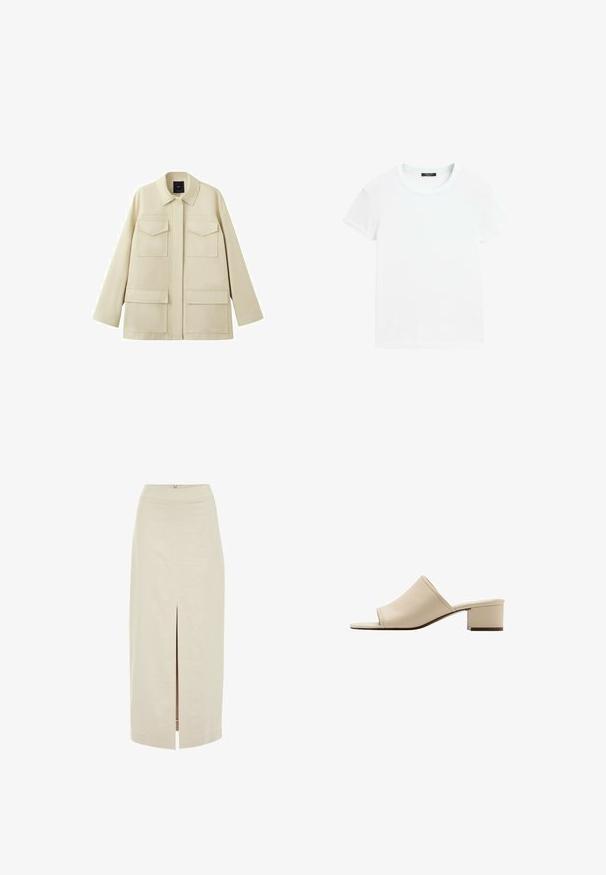 Beige lange mouwen jas met vier klepzakken aan de voorkant en een klassieke kraag, getoond tegen een witte achtergrond.; Effen wit t-shirt met korte mouwen en ronde hals, plat gelegd op een witte achtergrond.; Lichtbeige midi-jurk met een rechte snit en een centrale voorknip. Gemaakt van een gladde stof met een verborgen rits aan de achterkant.; Beige open-toe mule sandaal met lage blokhak en glad leren bovenwerk, zijaanzicht op een witte achtergrond.