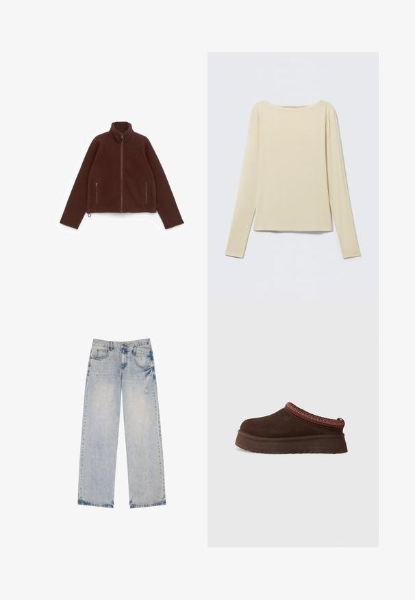 Veste en polaire marron avec un col montant, fermeture éclair frontale complète et deux poches latérales zippées. Texture douce, design décontracté et manches longues.; Haut beige à manches longues et cintré avec un col bateau, présenté à plat sur un fond clair.; Jean en denim bleu clair avec une coupe droite, présentant des accents distressed, cinq poches et des détails de couture visibles.; Chaussure en suède marron à enfiler avec une semelle en caoutchouc texturé, dotée d'un bord en tricot rouge et à motifs autour du col.