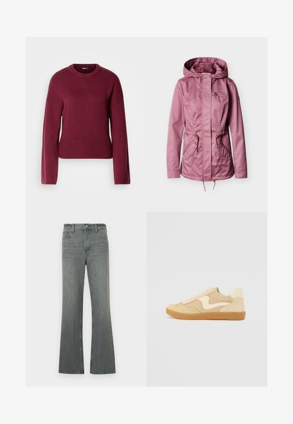 Rosa Kapuzenjacke mit Reißverschluss vorne, verstellbaren Taillenbändern, einer Reißverschlusstasche auf der Brust und zwei Klappentaschen auf jeder Seite.; Burgunderfarbener Strickpullover mit rundem Ausschnitt, langen Ärmeln und geripptem Saum. Der Stoff wirkt weich und strukturiert.; Graue hochtaillierte gerade Jeans aus Denim mit Knopf- und Reißverschluss, Fronttaschen und Gürtelschlaufen.; Beige Sneaker aus Wildleder und Mesh-Materialien, runde Form, auffälliger gepolsterter Kragen und eine Sohle aus Gummi. Verfügt über ein wellenförmiges Design-Highlight.