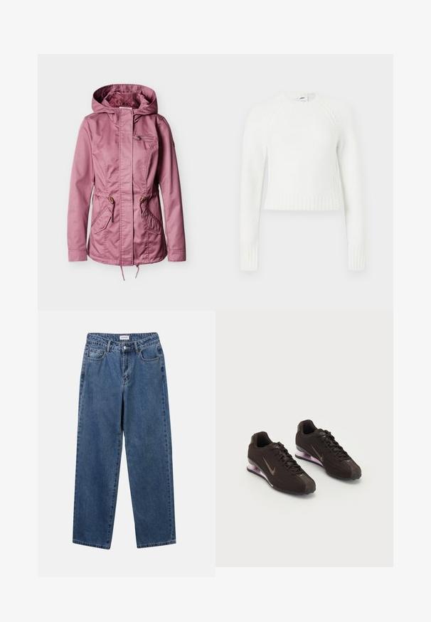 Roze capuchonjack met ritssluiting aan de voorkant, verstelbare taillekoorden, borstzak met rits en twee klepzakken aan elke kant.; Witte, gebreide trui met lange mouwen, een ronde hals, geribbelde manchetten en zoom, en subtiele kabels van het breisel op de borst en mouwen.; Klassieke blauwe denim jeans met een rechte pijp, vijf zakken en een knoopsluiting. Heeft een middelgrote wasbeurt en stevige textuur.; Zwarte sportieve schoenen met een gestructureerde bovenkant, bruine accenten en een paarse air-cushion zool. Vetersluiting met opvallende merkvoering.