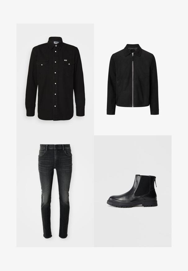 Schwarze Wildlederjacke mit langen Ärmeln, silbernem Frontreißverschluss und klassischem Kragen auf weißem Hintergrund.; Schwarzes Button-Up-Hemd mit spitzem Kragen, zwei Brusttaschen, weißen Druckknöpfen und strukturiertem Stoff. Wrangler-Logo auf der linken Brust.; Dunkelgraue, hoch taillierte Skinny-Jeans mit einem verblassten Look. Mit fünf Taschen, Gürtelschlaufen und einem klassischen Knopfverschluss.; Schwarze Leder-Ankle-Boots mit einer glatten Oberfläche, elastischen Mesh-Seitenteilen und einer robusten Sohle mit sichtbarem Profil.
